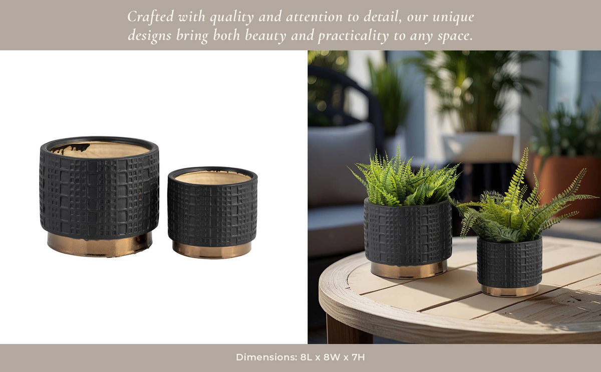 Planter Set of 2 - Black Ceramic Raised Mesh, 6/8 in.