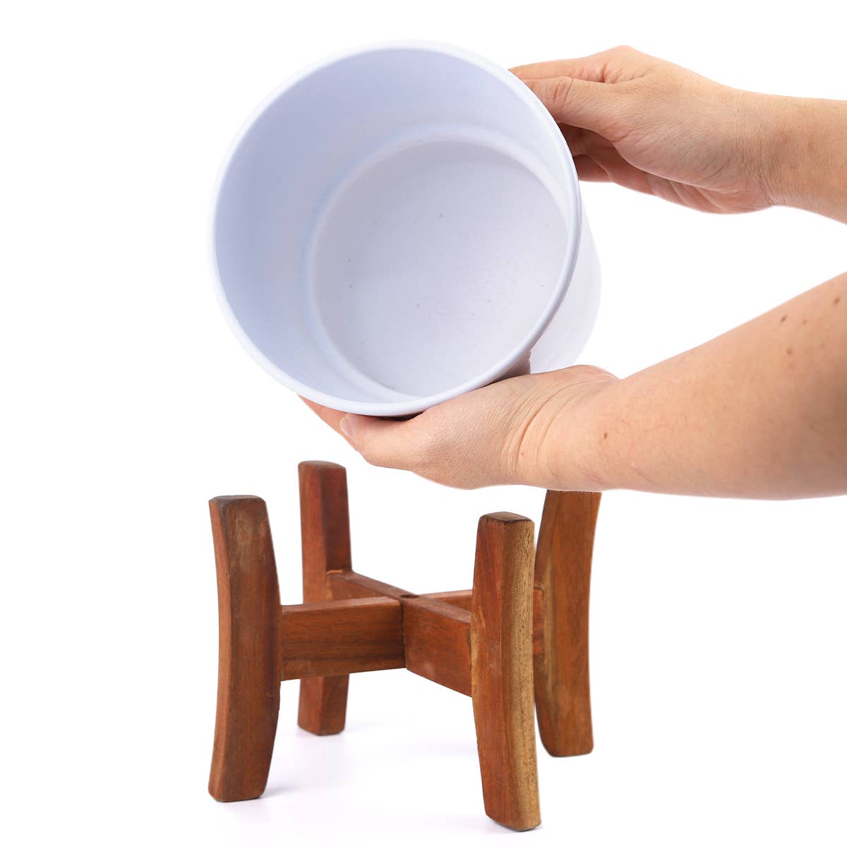 White Ceramic Pot with Wooden Stand - Pot for Houseplant