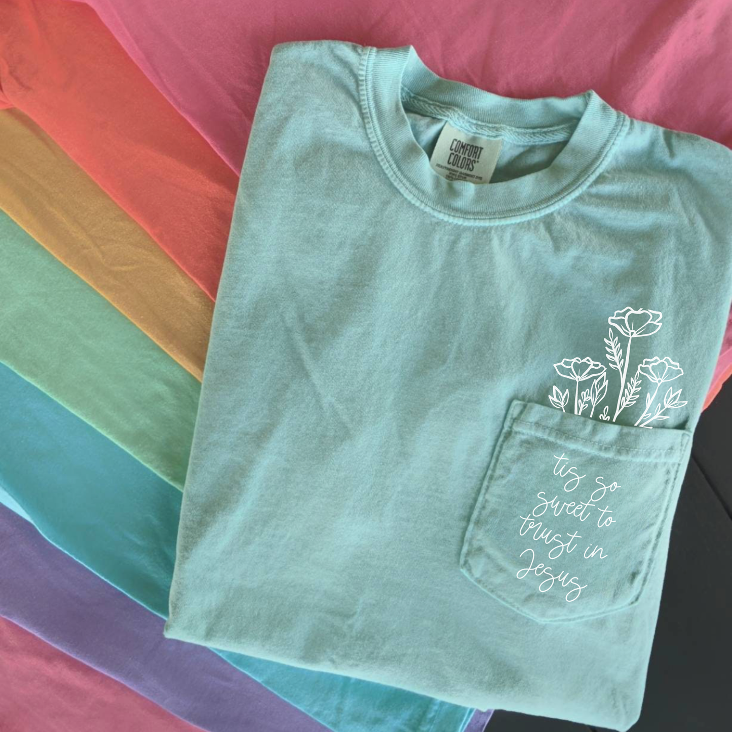 Tis So Sweet to Trust in Jesus Pocket Tee Multiple Colors