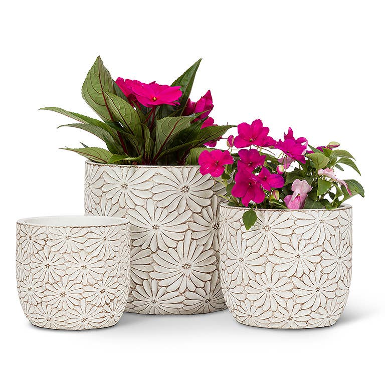 Sm Wht Daisy Round Planter-4"H
