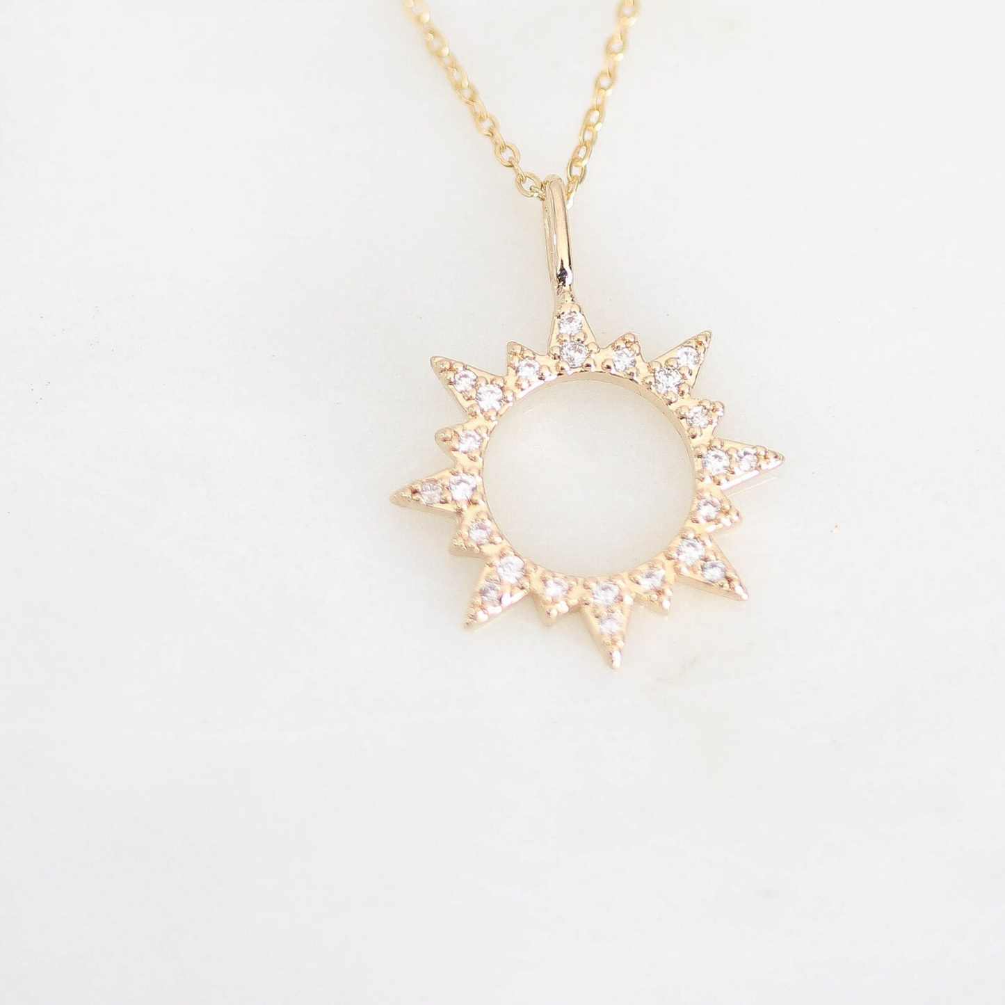 "Arise, Shine" 14k Gold Cubic Zirconia Sun Charm Necklace