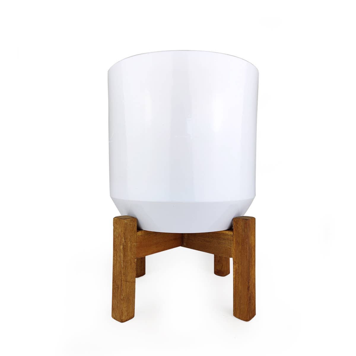 White Ceramic Pot with Wooden Stand - Pot for Houseplant