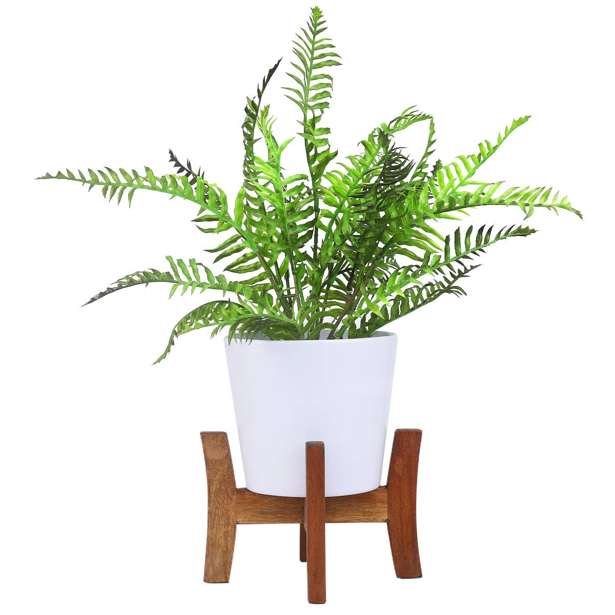 White Ceramic Pot with Wooden Stand - Pot for Houseplant