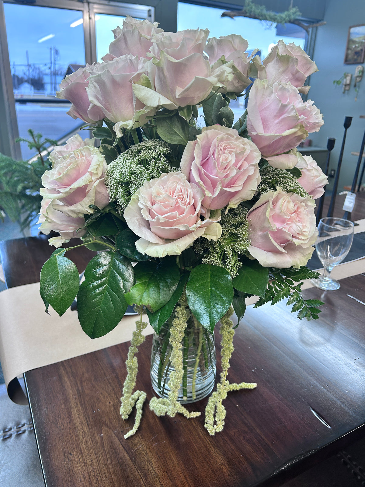 Dozen Garden Roses with Hanging Amaranthus