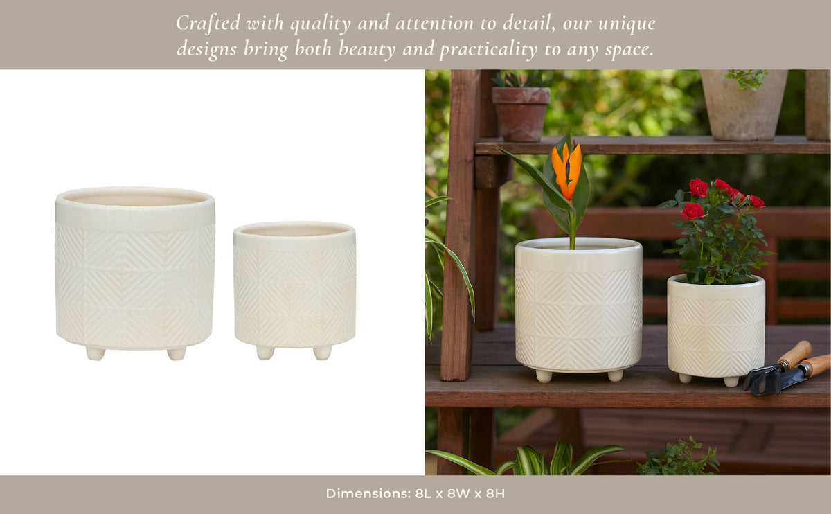 Planters Set of 2 - White Ceramic Textured Footed, 6/8 in.