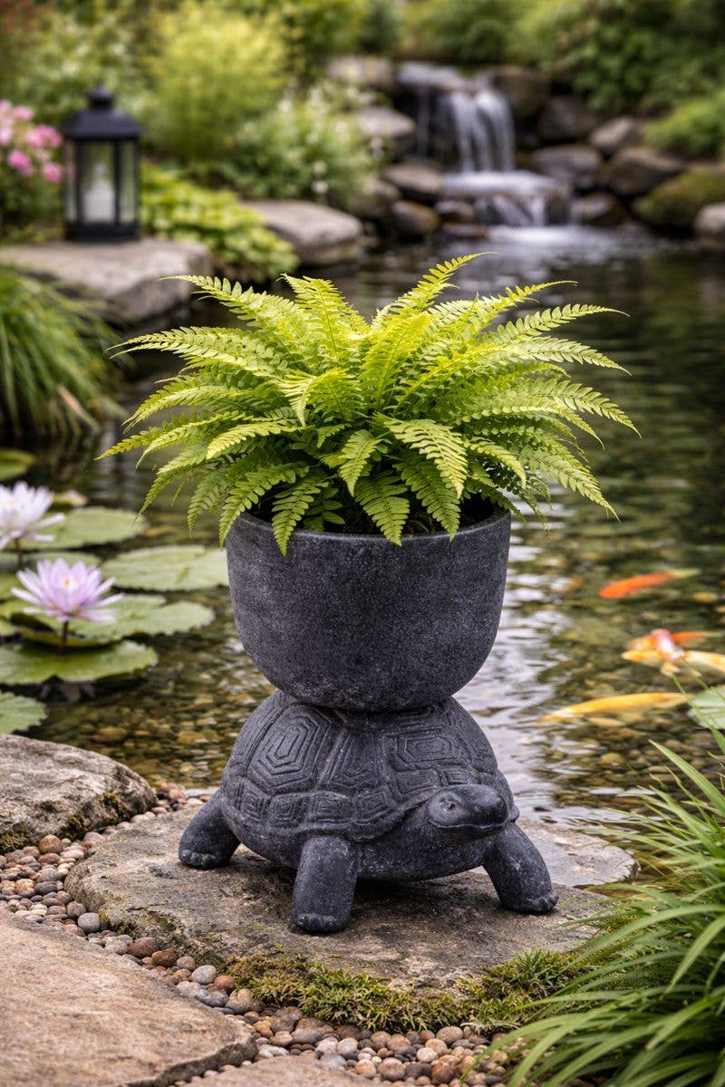 Turtle Pedestal Planter – Stone-Textured Animal  #17781