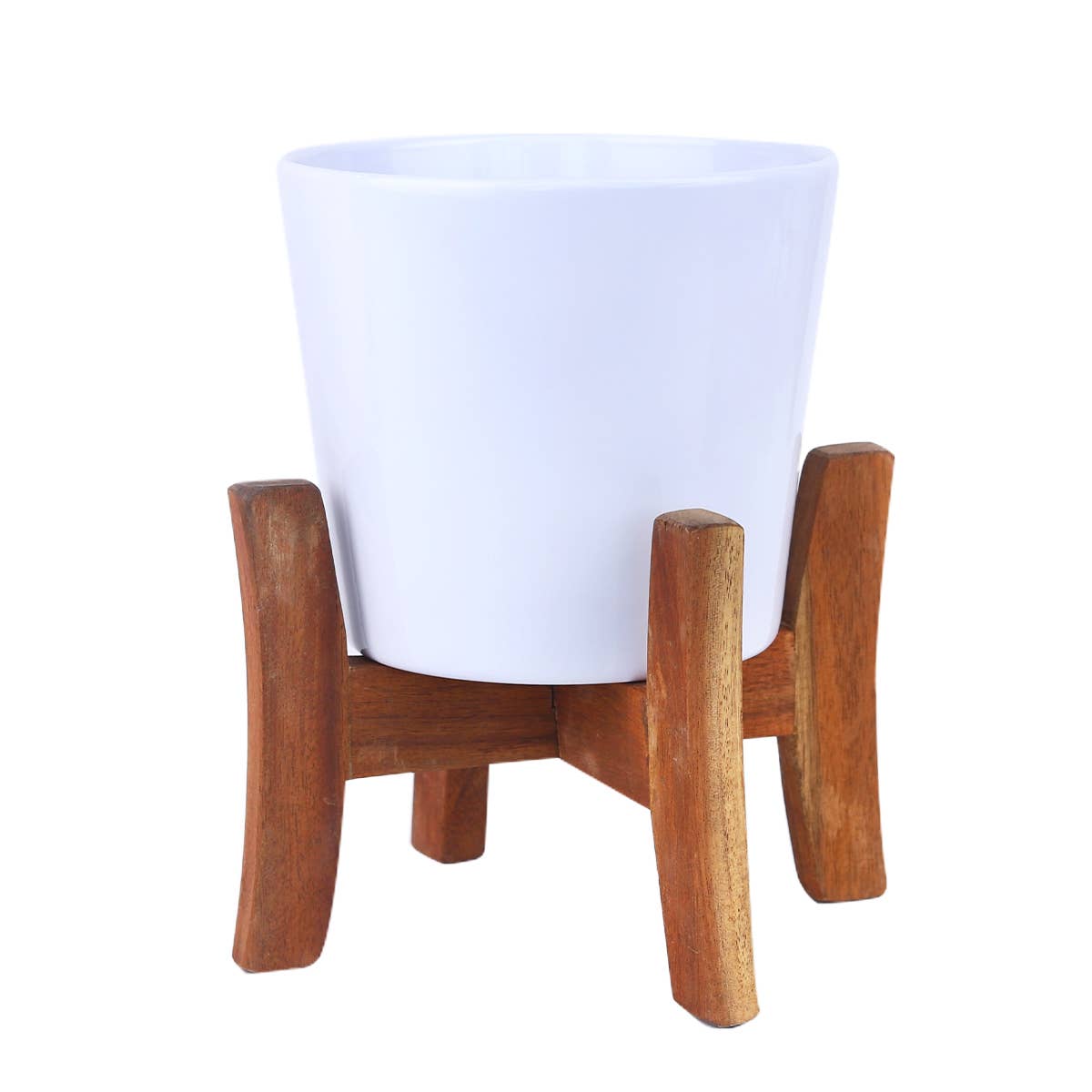 White Ceramic Pot with Wooden Stand - Pot for Houseplant