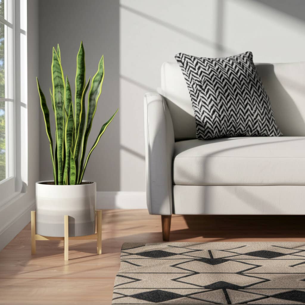 Ceramic Indoor/Outdoor Planter on Wood Stand - Beige, 12 in.