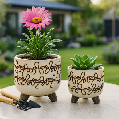 Planters Set of 2 - Beige Ceramic Scribble Footed, 6/8 in.