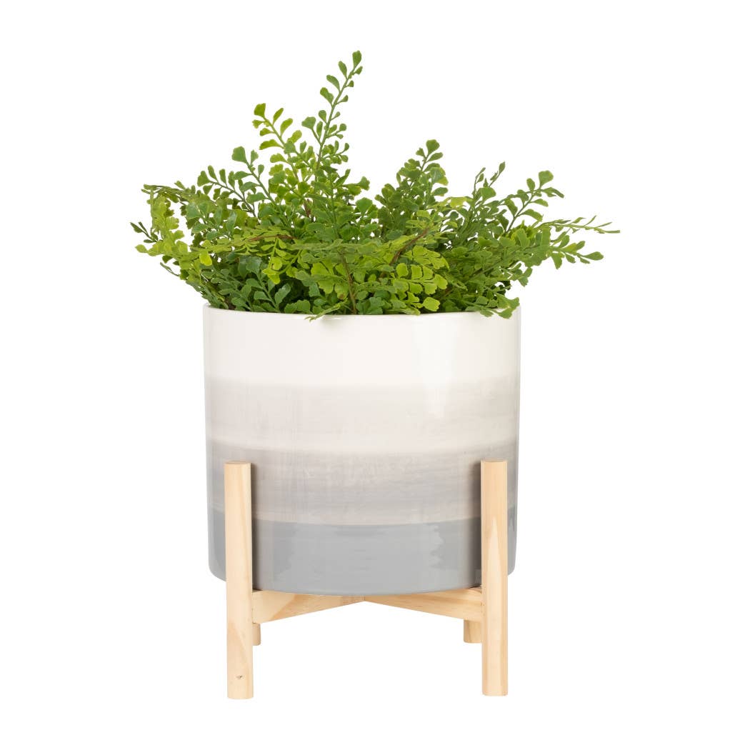 Ceramic Indoor/Outdoor Planter on Wood Stand - Beige, 12 in.