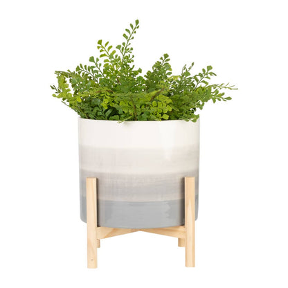 Ceramic Indoor/Outdoor Planter on Wood Stand - Beige, 12 in.