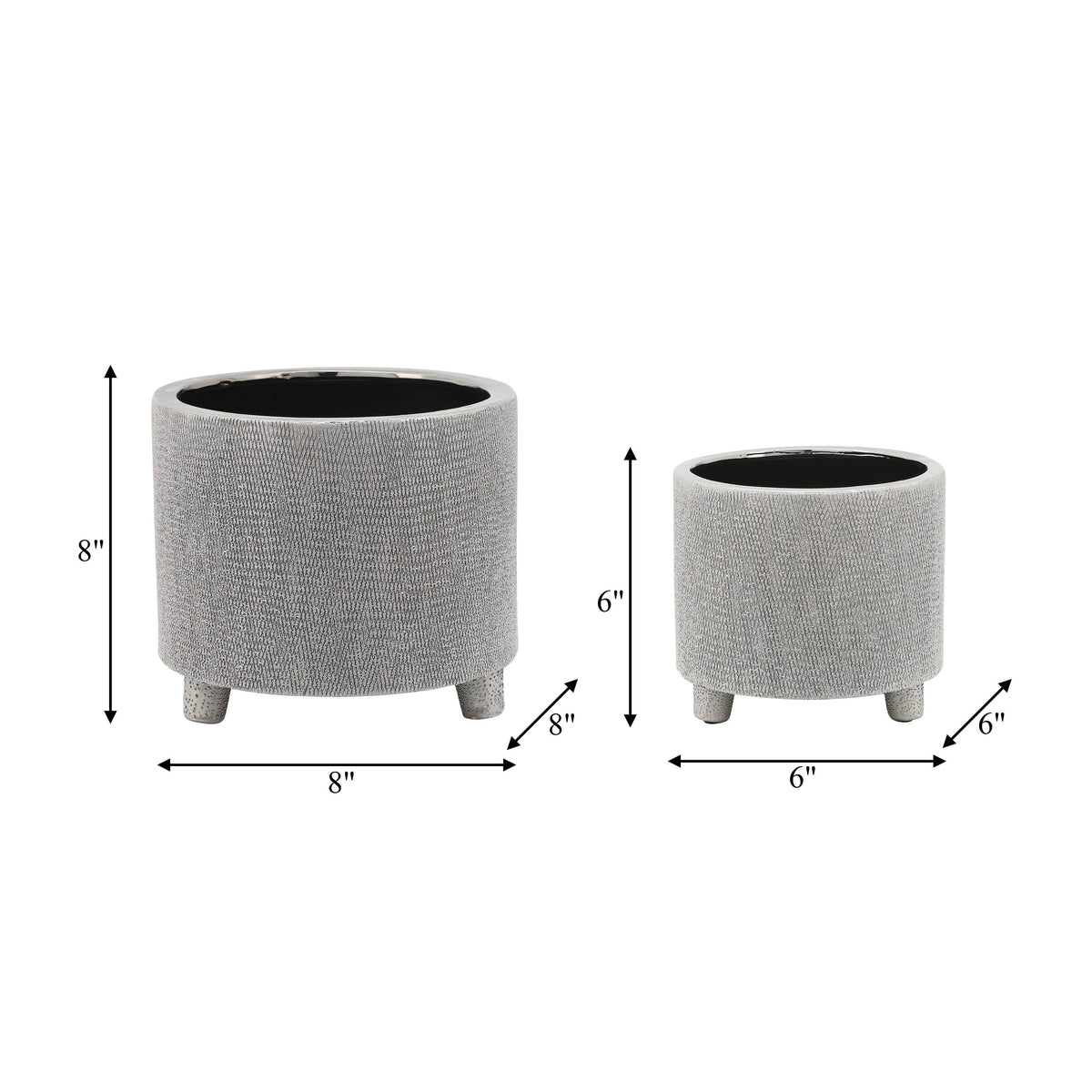 Planters Set of 2 - Silver Ceramic Footed Scratched, 6/8 in.