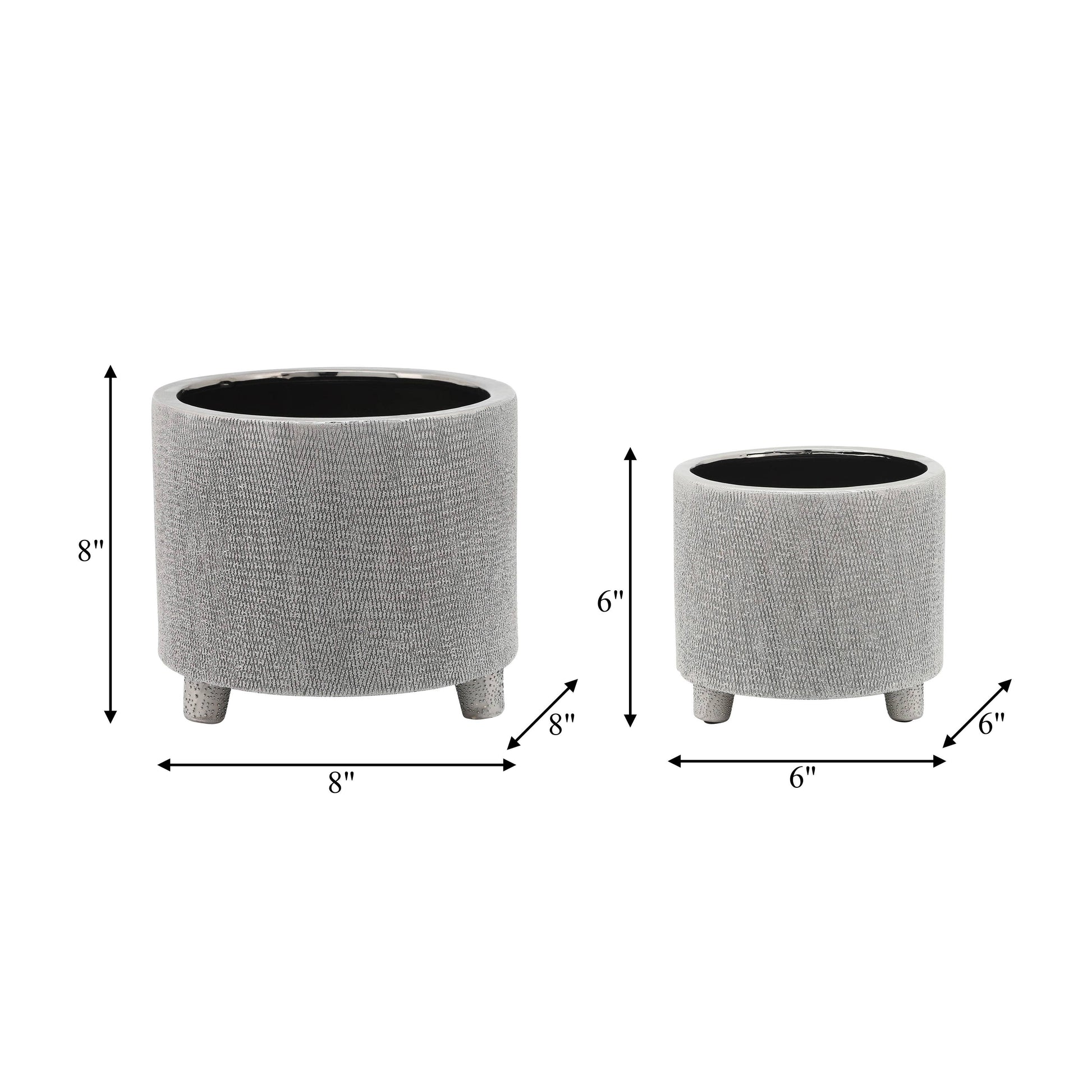 Planters Set of 2 - Silver Ceramic Footed Scratched, 6/8 in.