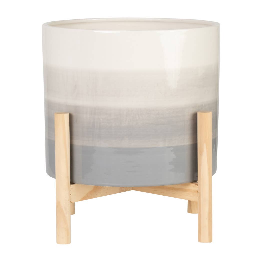 Ceramic Indoor/Outdoor Planter on Wood Stand - Beige, 12 in.