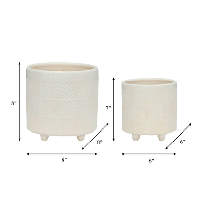 Planters Set of 2 - White Ceramic Textured Footed, 6/8 in.
