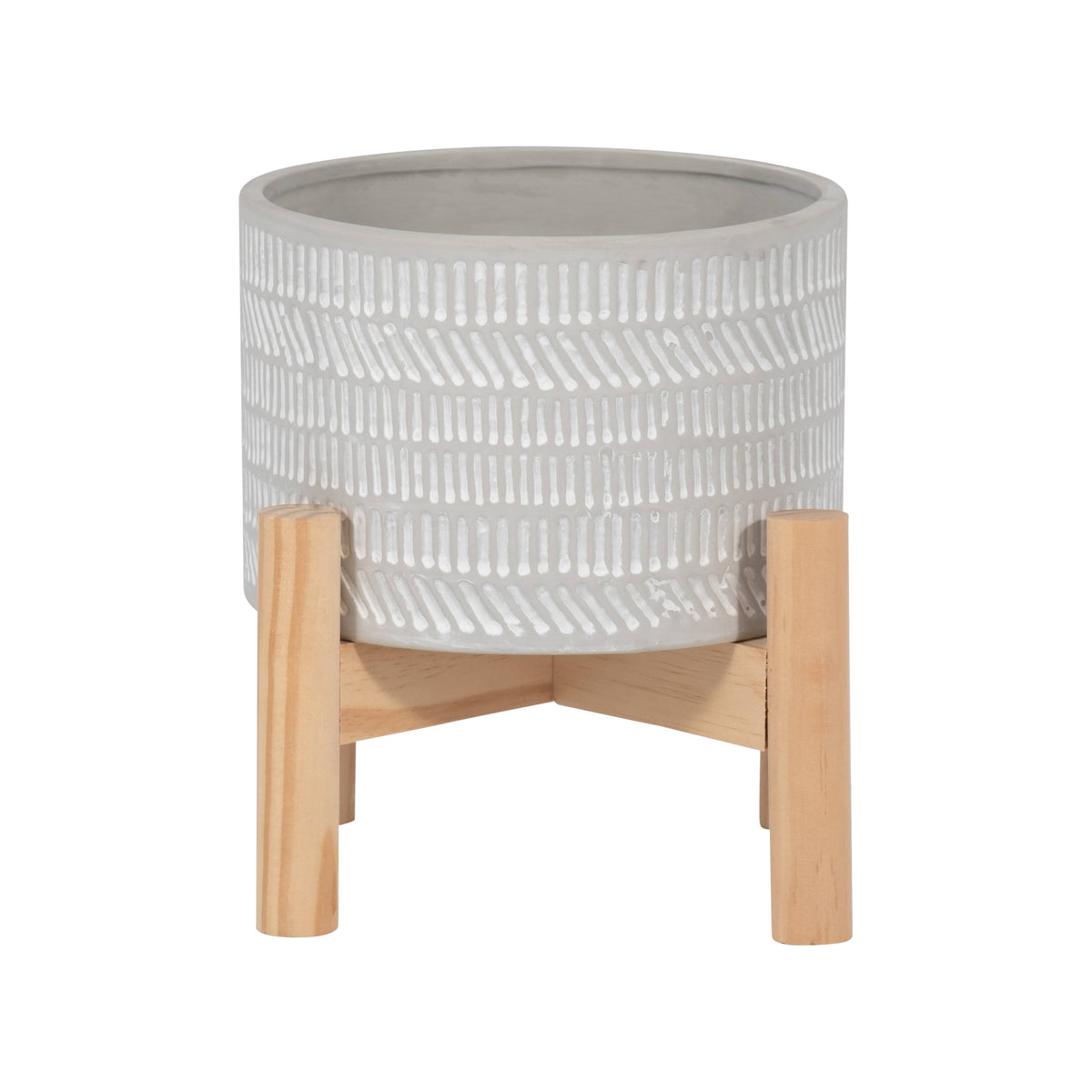 Ceramic Tribal Geometric Planter Wood Stand - Ivory, 6 in.