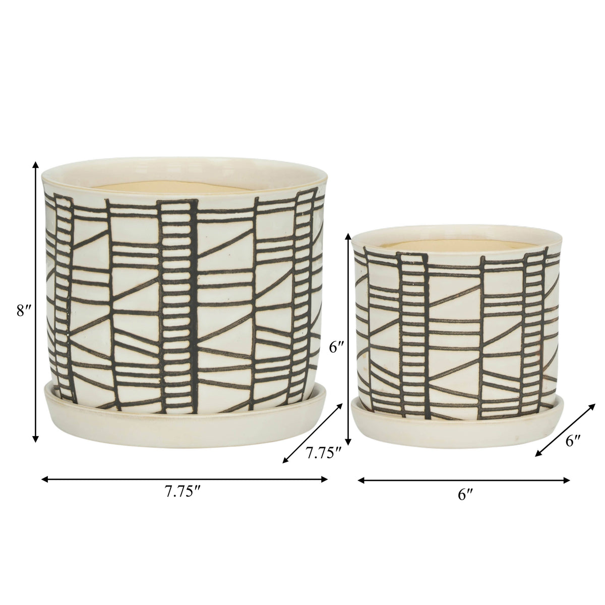 Planters Set of 2 - Beige Ceramic Geometric Saucer, 6/8 in.