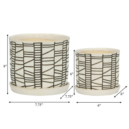 Planters Set of 2 - Beige Ceramic Geometric Saucer, 6/8 in.