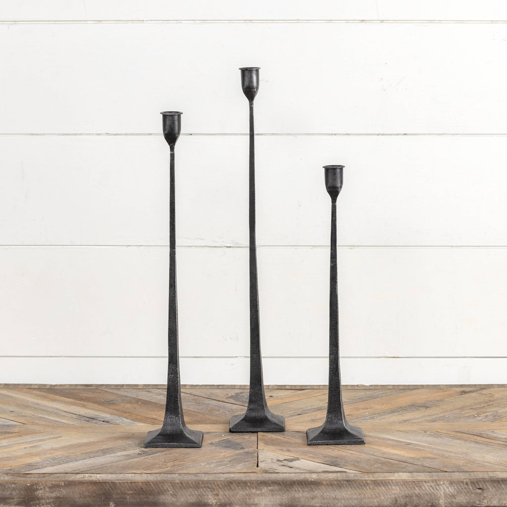 SET/ 3 FORGED BLACK TAPER CANDLESTICKS
