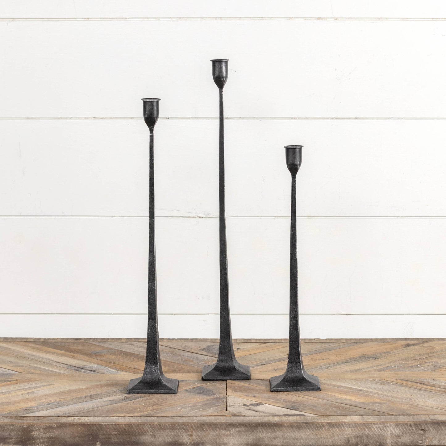 SET/ 3 FORGED BLACK TAPER CANDLESTICKS