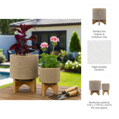 Planters On Stands Set of 2 - Tan Ceramic Mesh, 5/8 in.