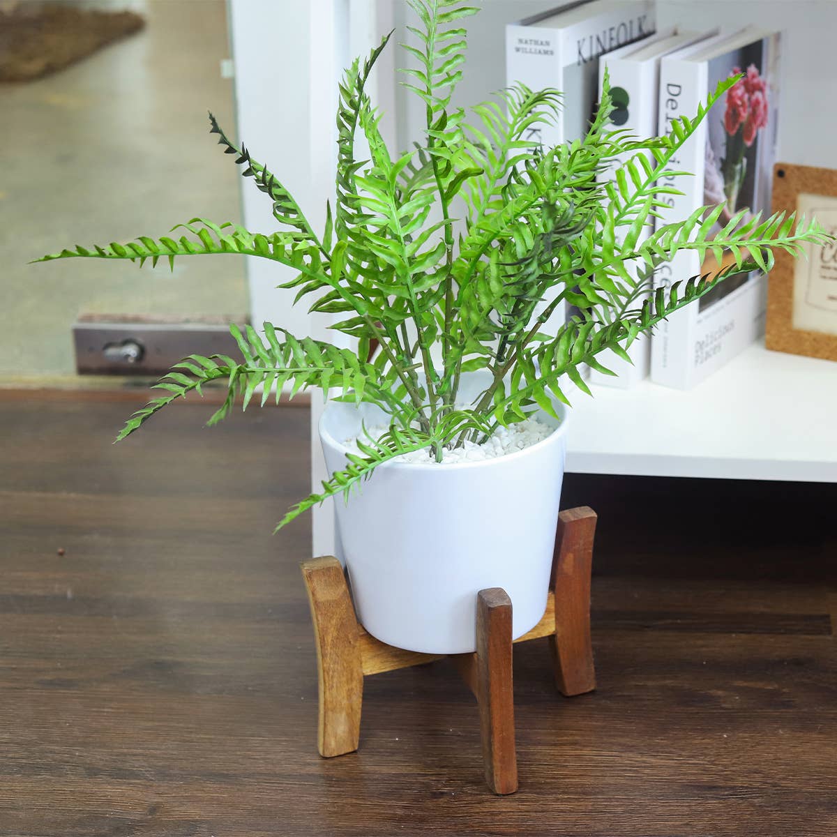 White Ceramic Pot with Wooden Stand - Pot for Houseplant