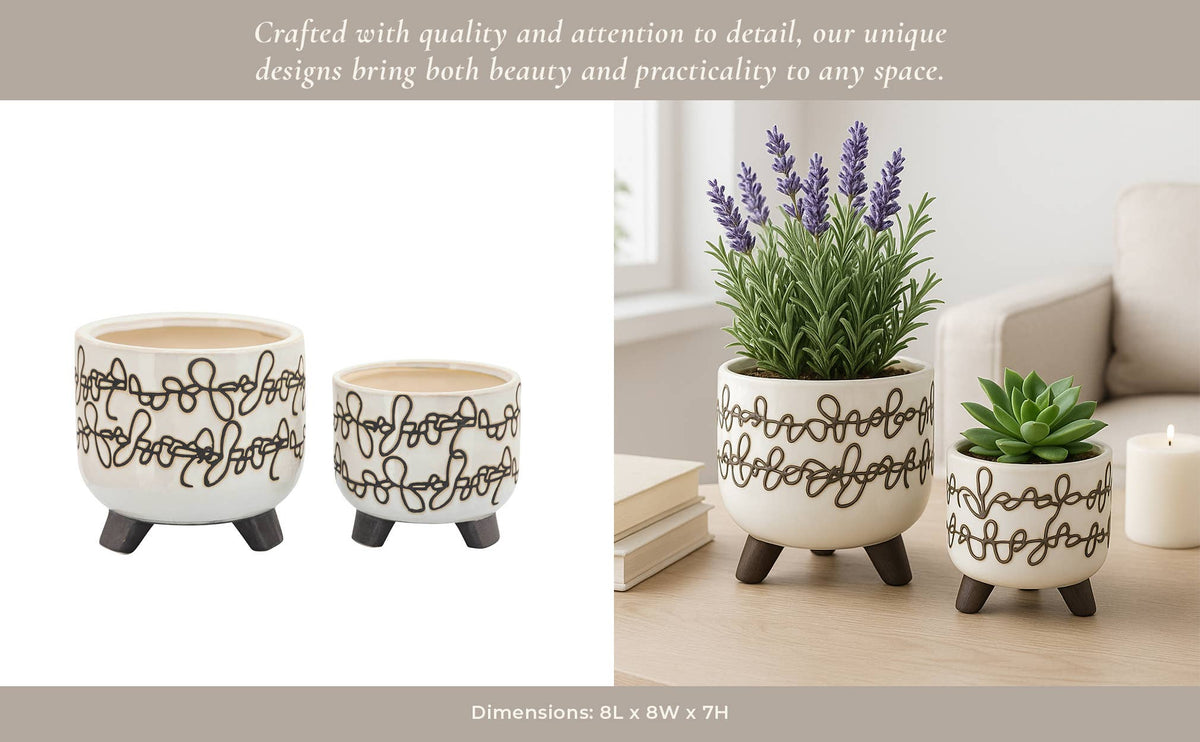 Planters Set of 2 - Beige Ceramic Scribble Footed, 6/8 in.