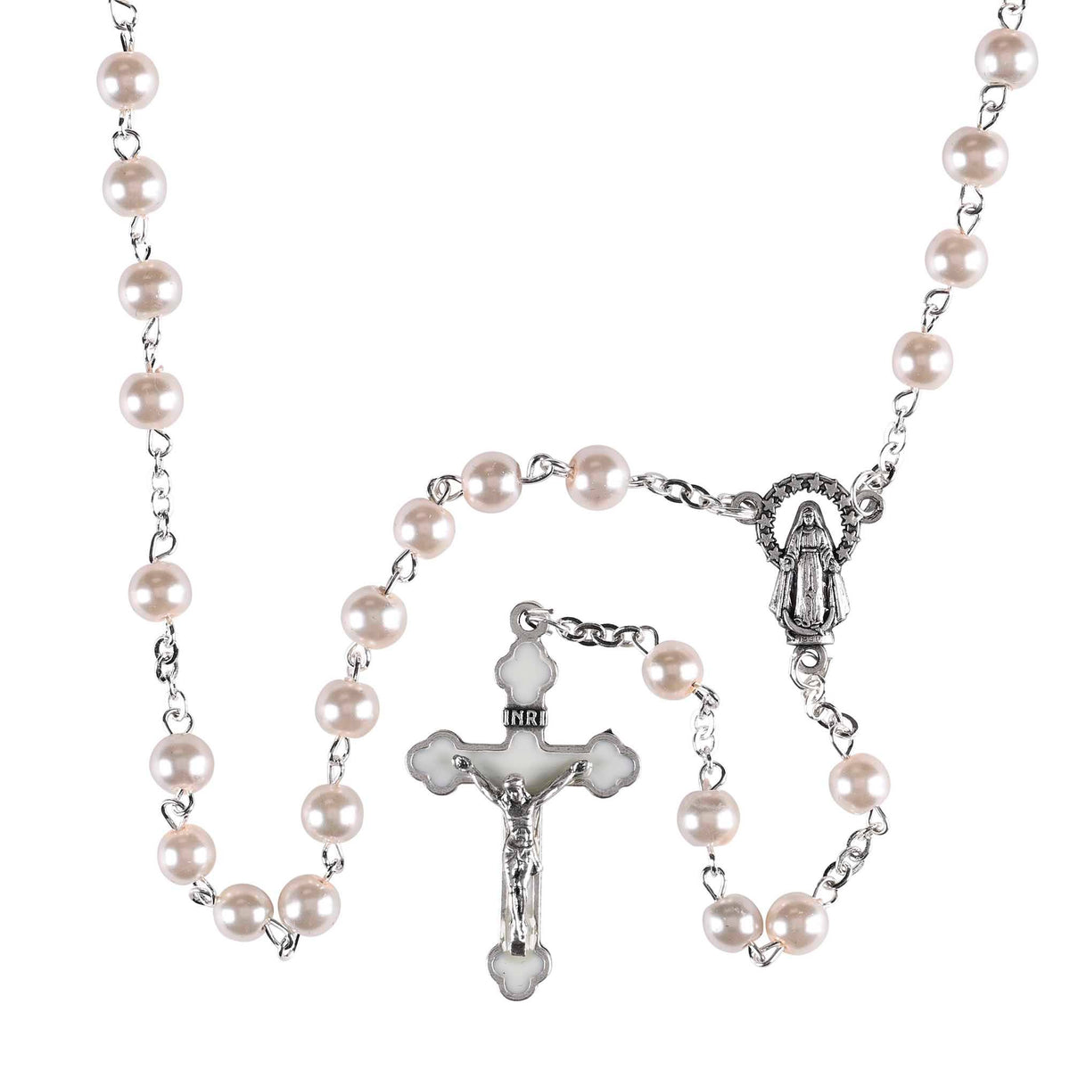 Rosary Glass Pearl Bead Silver Plate 18L