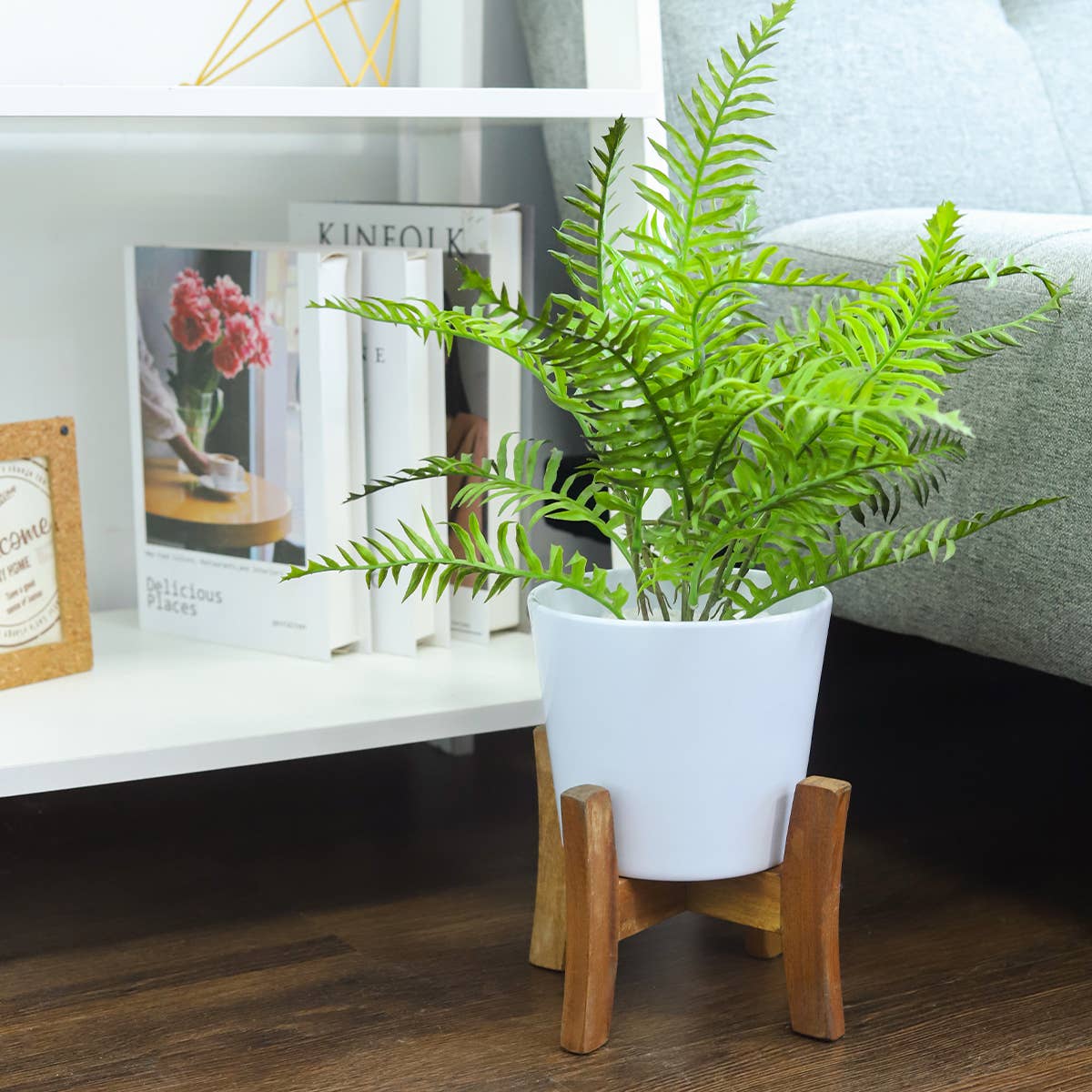 White Ceramic Pot with Wooden Stand - Pot for Houseplant