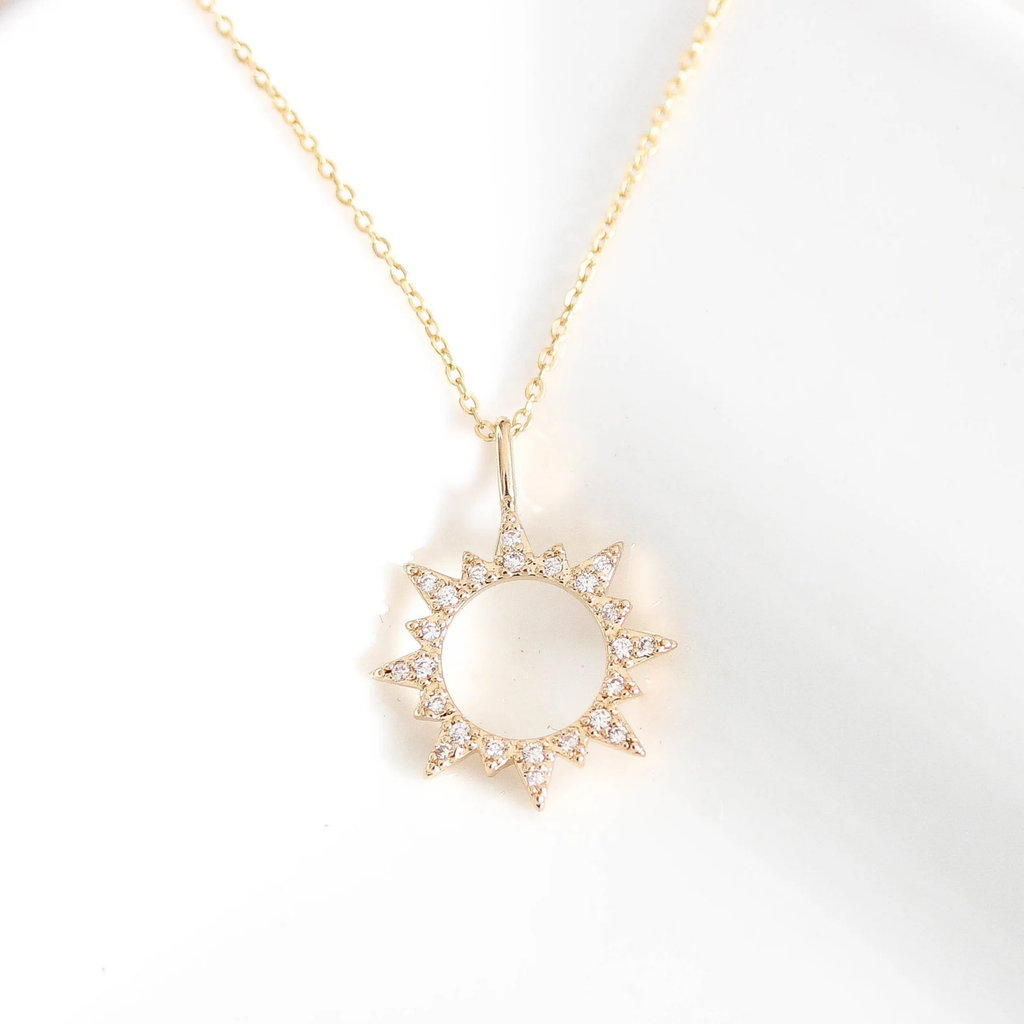 "Arise, Shine" 14k Gold Cubic Zirconia Sun Charm Necklace