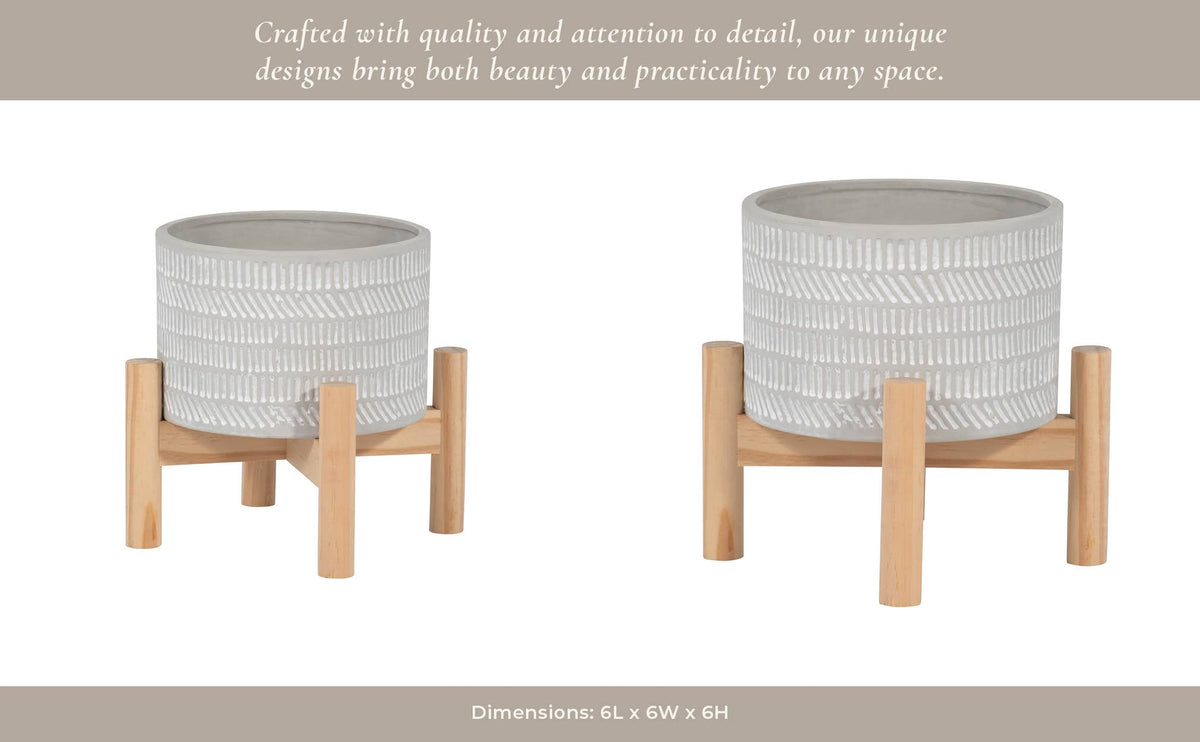 Ceramic Tribal Geometric Planter Wood Stand - Ivory, 6 in.