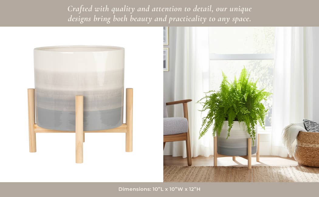 Ceramic Indoor/Outdoor Planter on Wood Stand - Beige, 12 in.