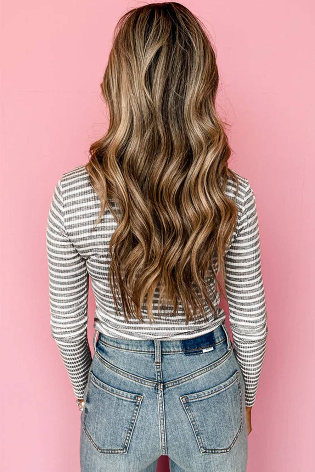 Gray Stripe Ribbed High Neck Slim Fit Long Sleeve Top