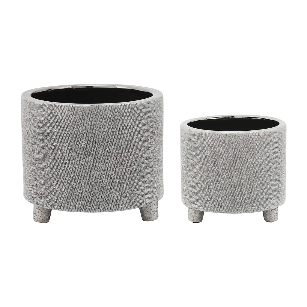 Planters Set of 2 - Silver Ceramic Footed Scratched, 6/8 in.
