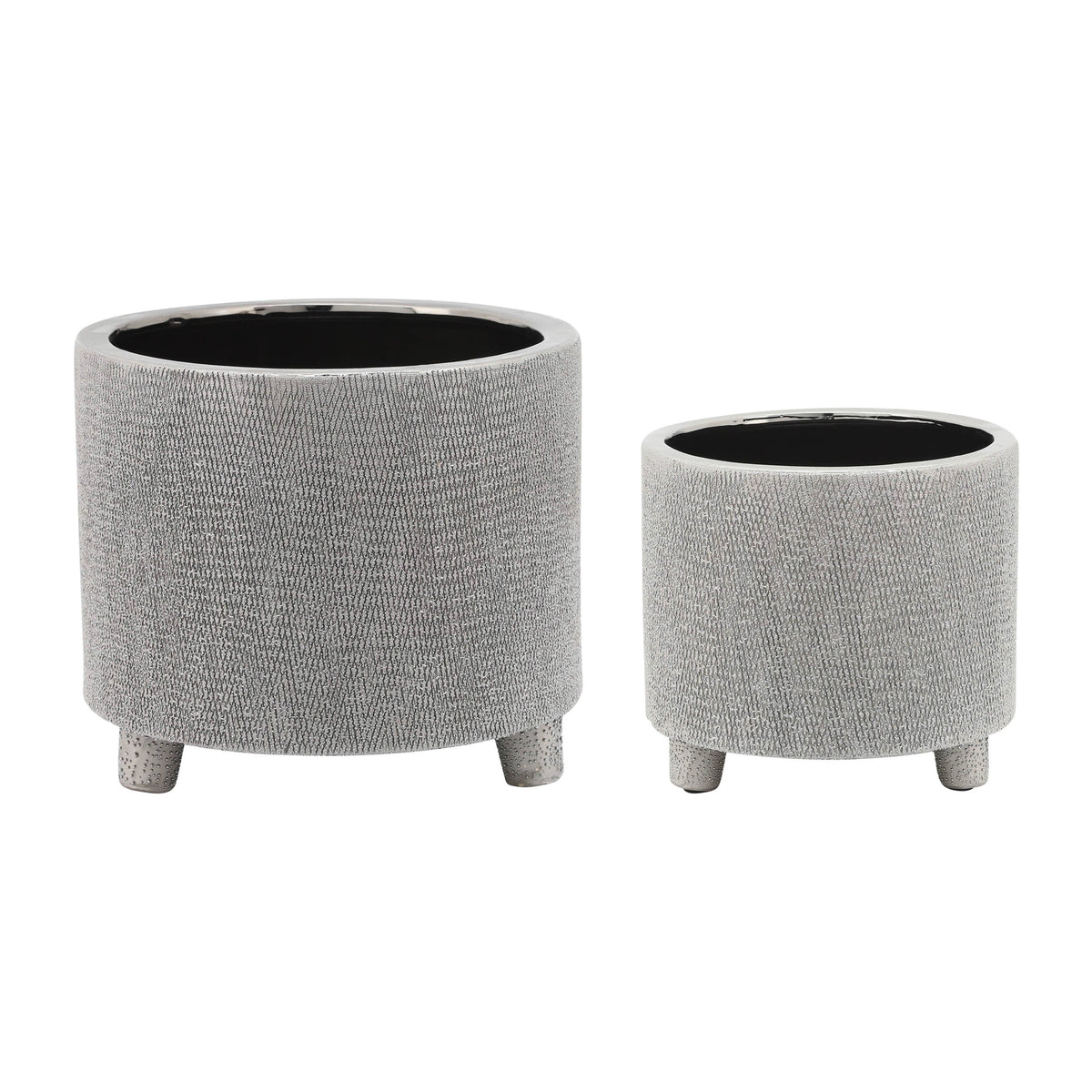 Planters Set of 2 - Silver Ceramic Footed Scratched, 6/8 in.