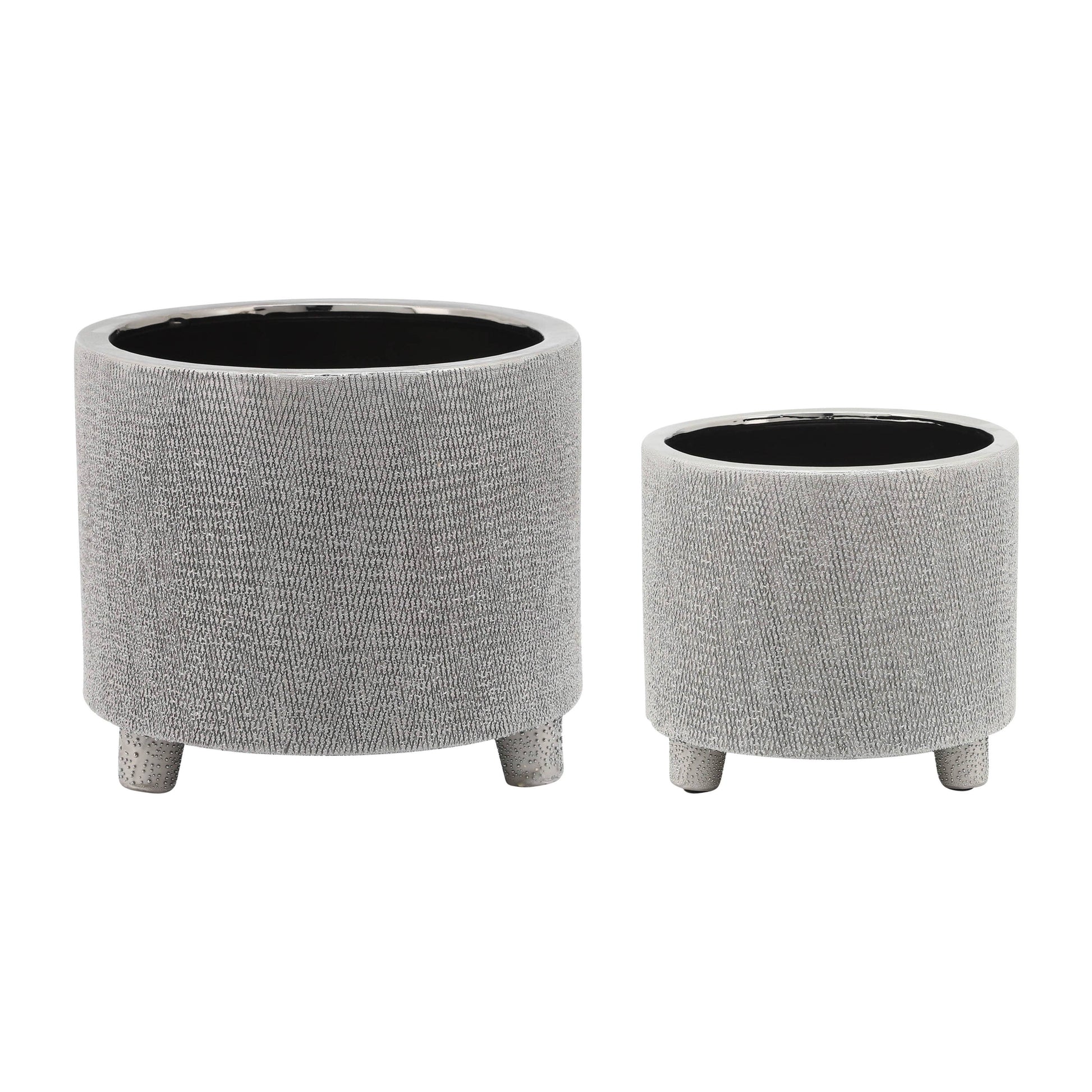 Planters Set of 2 - Silver Ceramic Footed Scratched, 6/8 in.