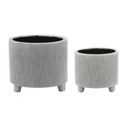 Planters Set of 2 - Silver Ceramic Footed Scratched, 6/8 in.