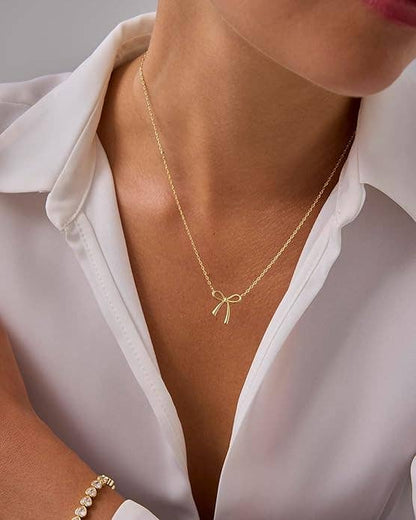Dainty "Saved By Grace" 14k Gold Inspirational Bow Necklace