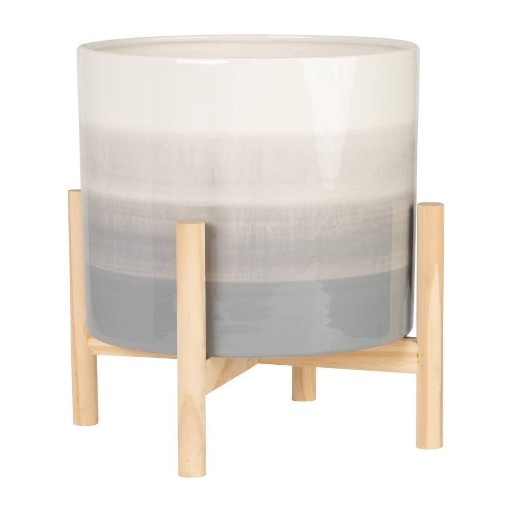 Ceramic Indoor/Outdoor Planter on Wood Stand - Beige, 12 in.