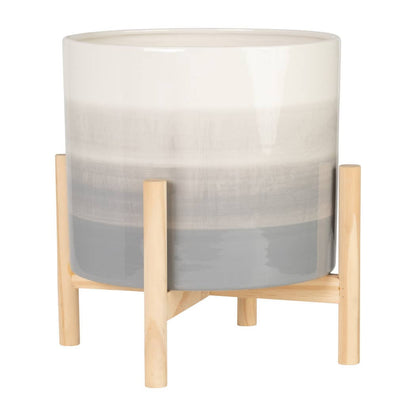 Ceramic Indoor/Outdoor Planter on Wood Stand - Beige, 12 in.