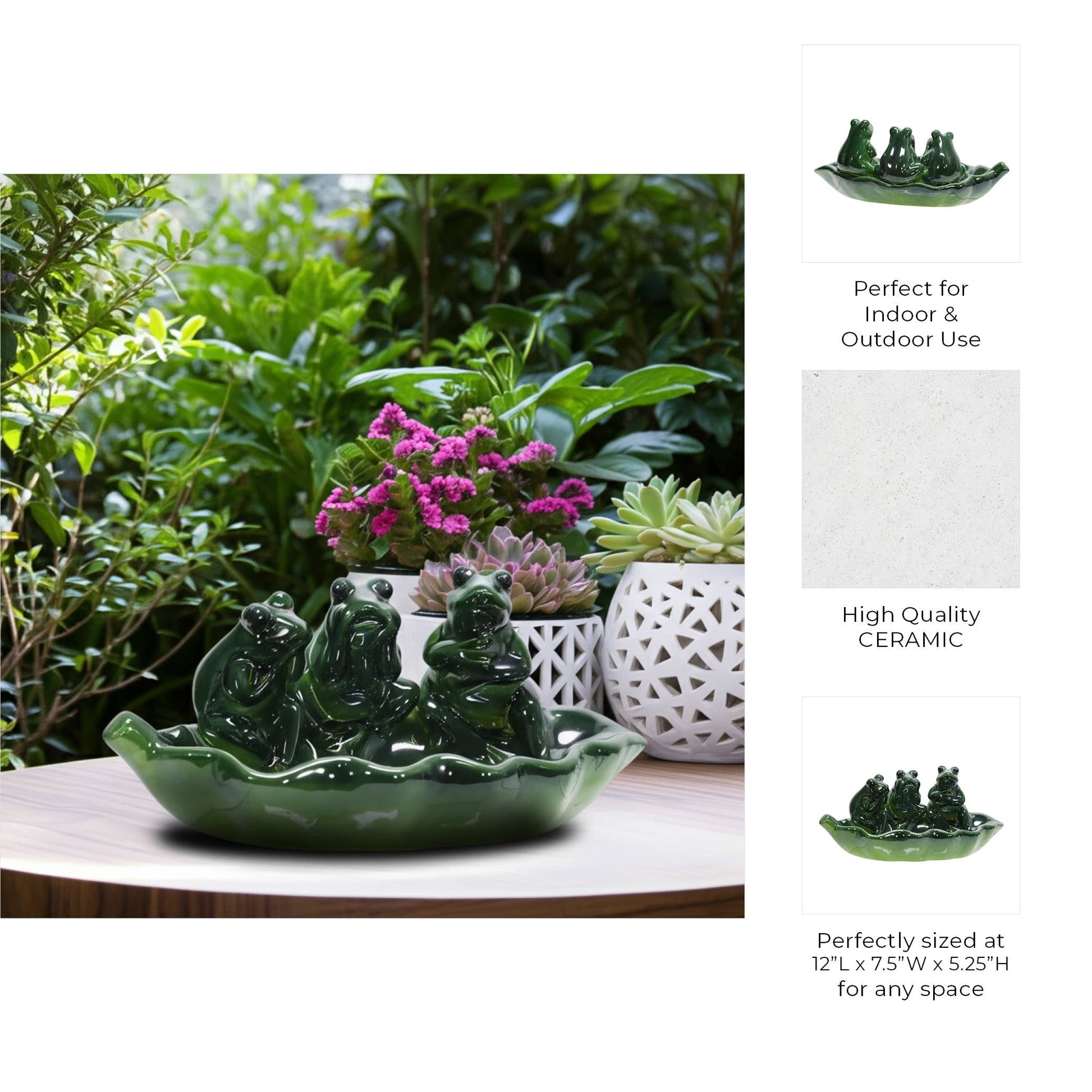 Green 12 in. Ceramic Frog Trio Bird Feeder