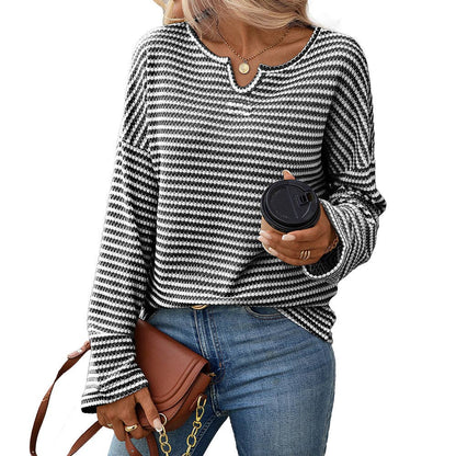 Women’s Striped Waffle Knit Long Sleeve Casual T-Shirt Top