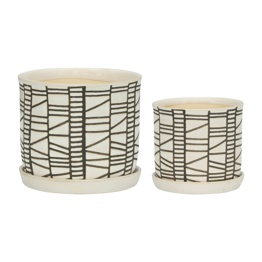 Planters Set of 2 - Beige Ceramic Geometric Saucer, 6/8 in.