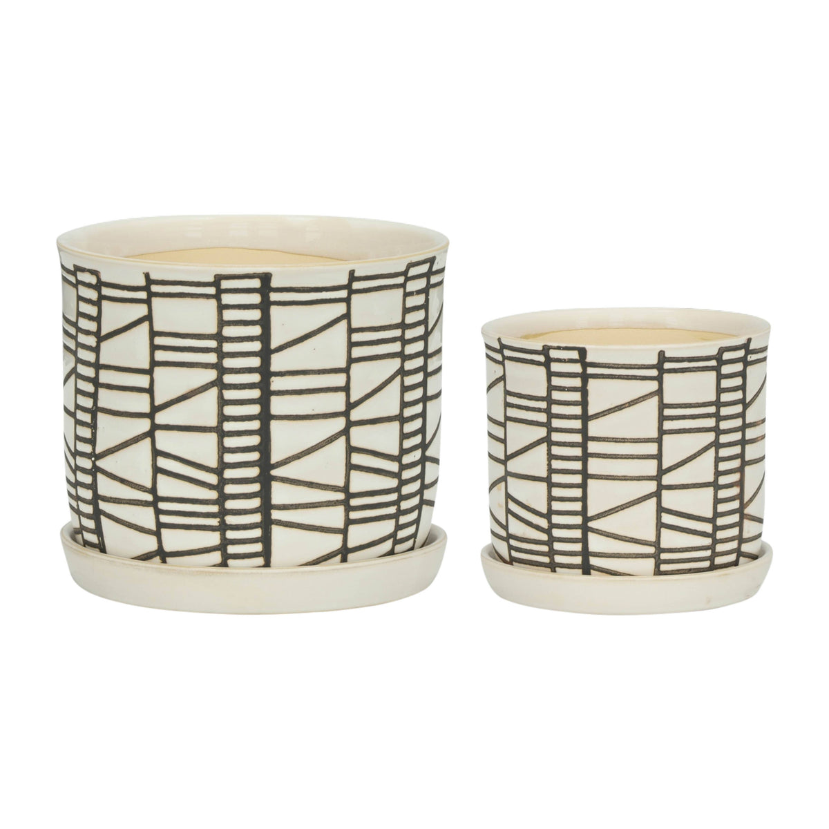 Planters Set of 2 - Beige Ceramic Geometric Saucer, 6/8 in.