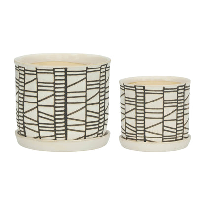 Planters Set of 2 - Beige Ceramic Geometric Saucer, 6/8 in.