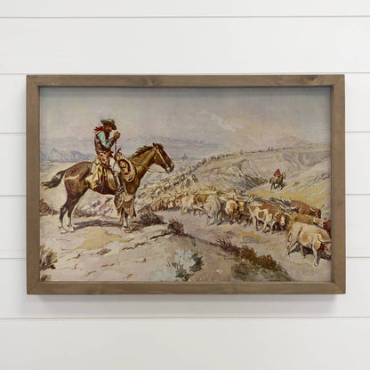 Cowboy Cattle Drive - Ranch House Canvas Art - Wood Framed 6x10
