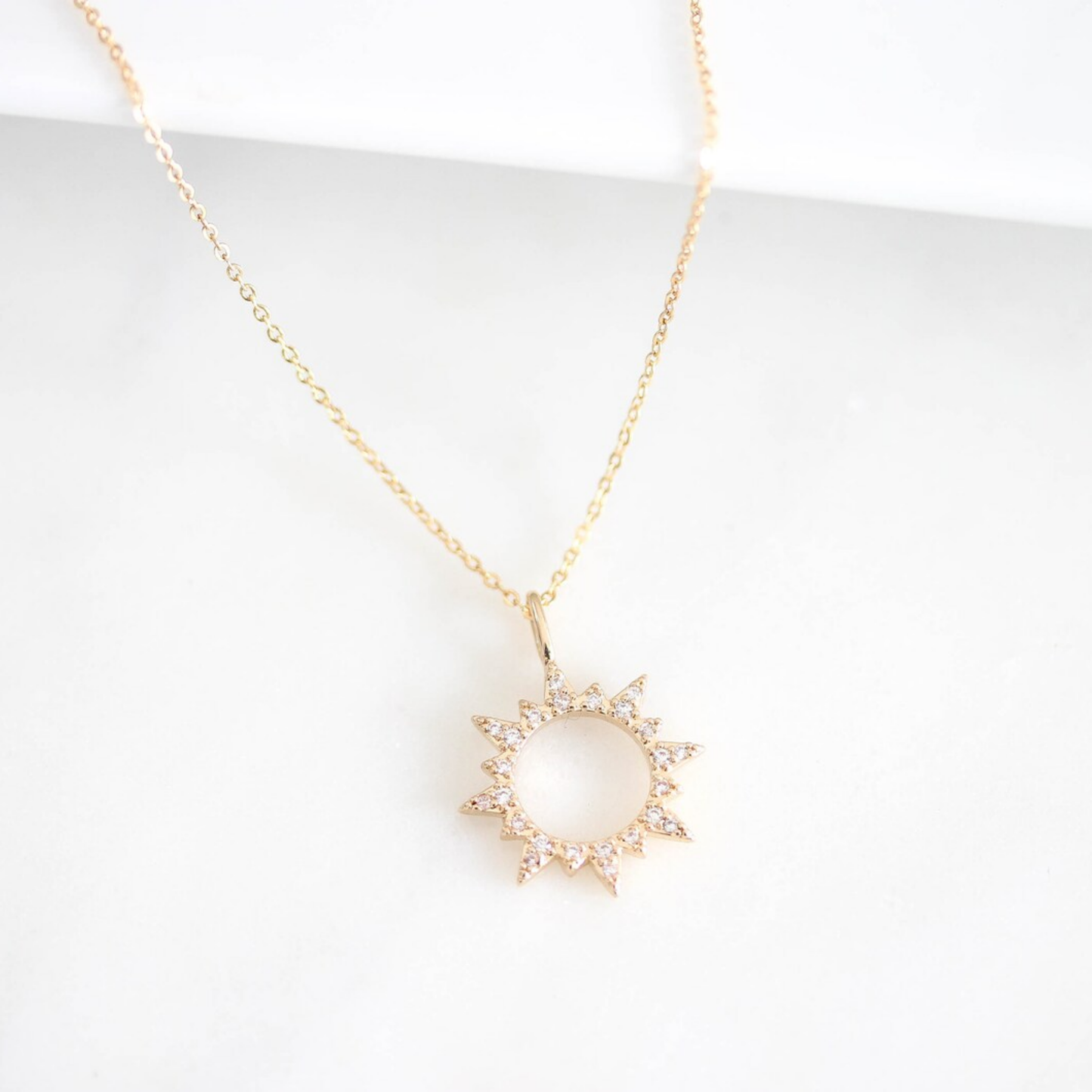 "Arise, Shine" 14k Gold Cubic Zirconia Sun Charm Necklace