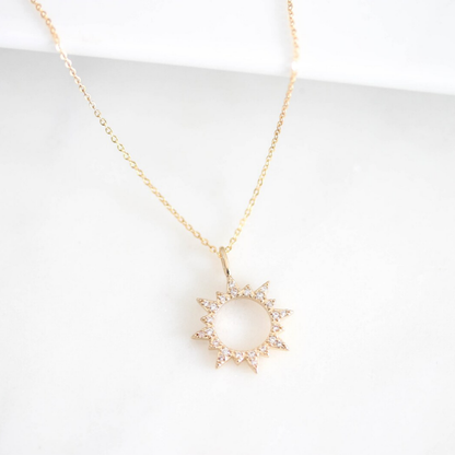"Arise, Shine" 14k Gold Cubic Zirconia Sun Charm Necklace