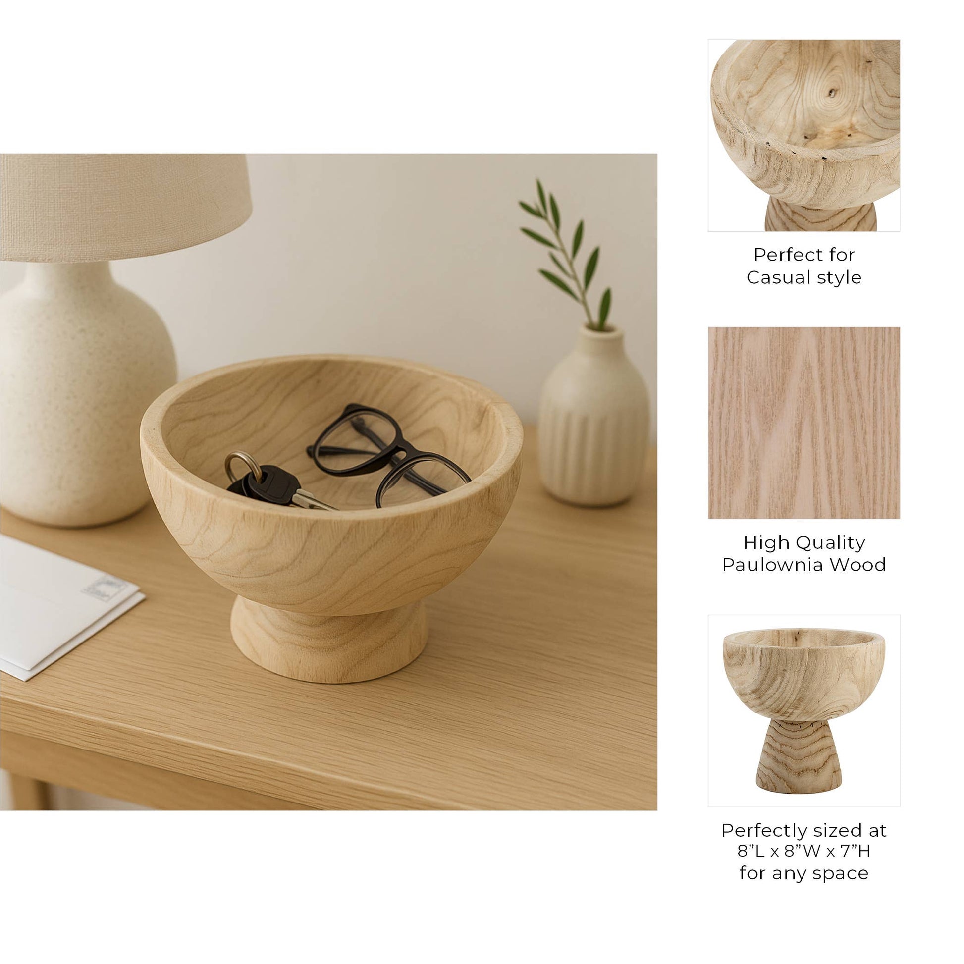 Bowl - Brown Paulownia Wood with Pedestal Base, 8 in.