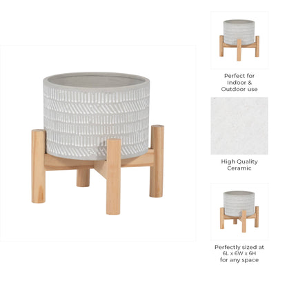 Ceramic Tribal Geometric Planter Wood Stand - Ivory, 6 in.